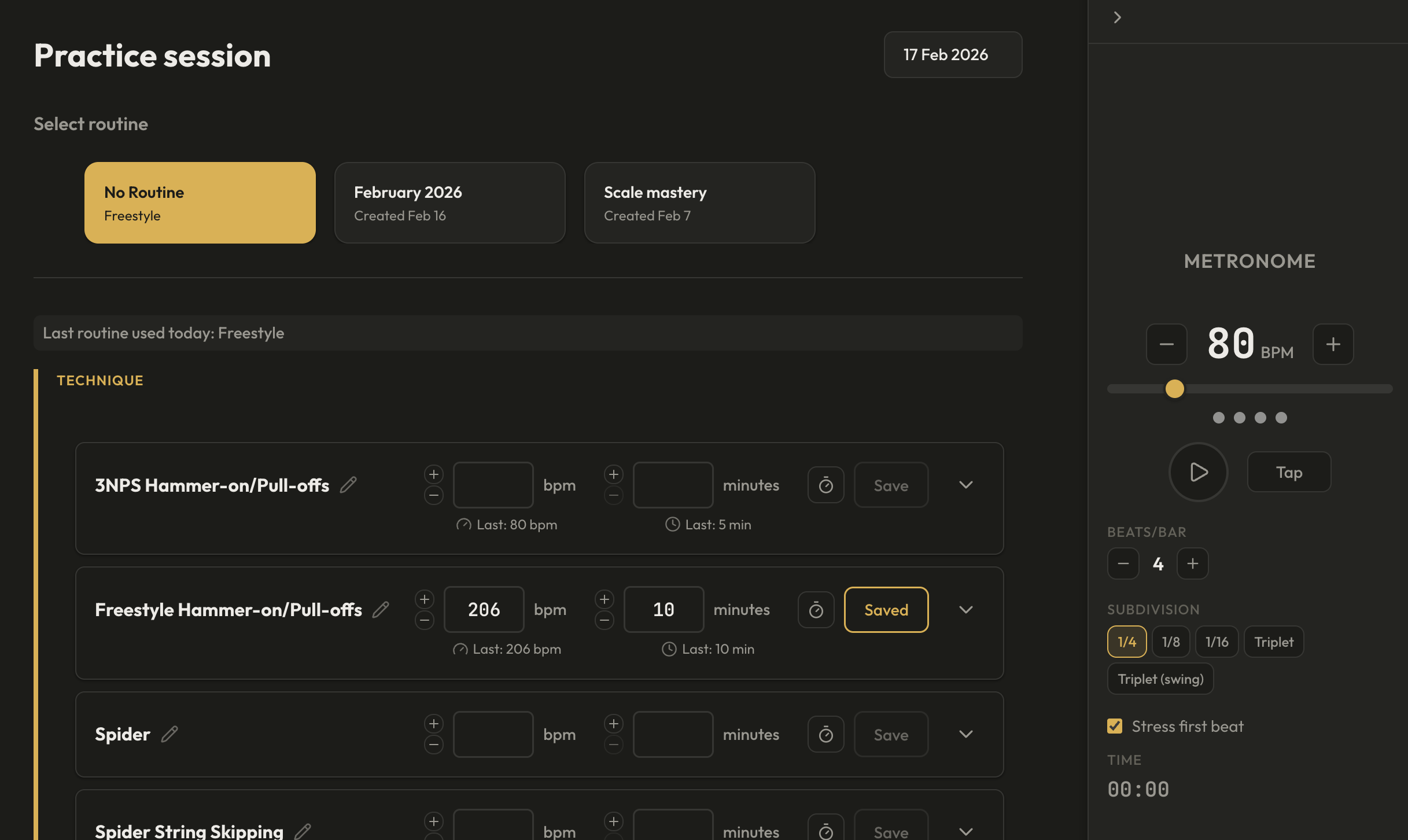 Motif app — Practice page with session data